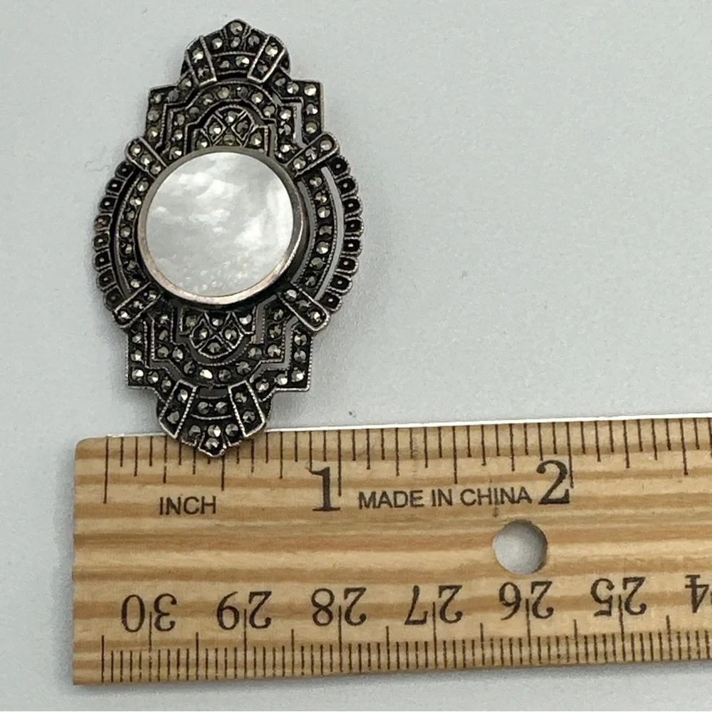 Vintage BROOCH‎ PIN, Art Deco Styling, Mother Of Pearl & Marcasite Stones #355